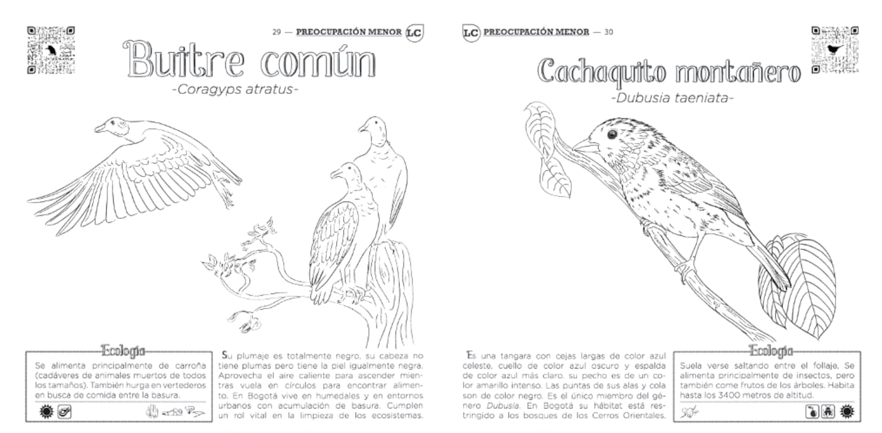 Cada página incluye una descripción de cada especie, su nombre, tipo de alimentación, actividad y hasta un código QR para ver fotos y más información.