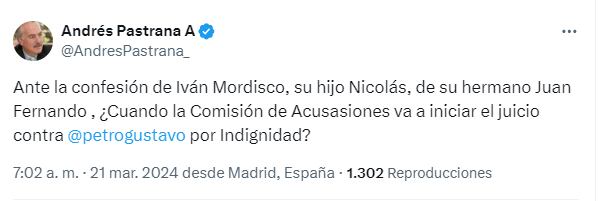 Publicación del expresidente Andrés Pastrana en X.
