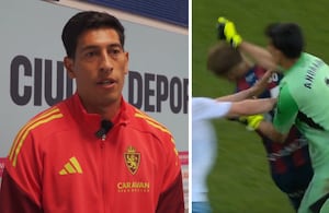 Esteban Andrada (izq.) se pronuncia sobre su reprochable agresión sobre el capitán del Huesca (der.)