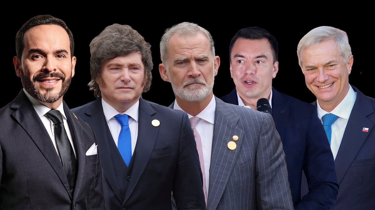 De izquierda a derecha: Abelardo De La Espriella. Javier Milei, rey Felipe VI, Daniel Noboa y José Antonio Kast.