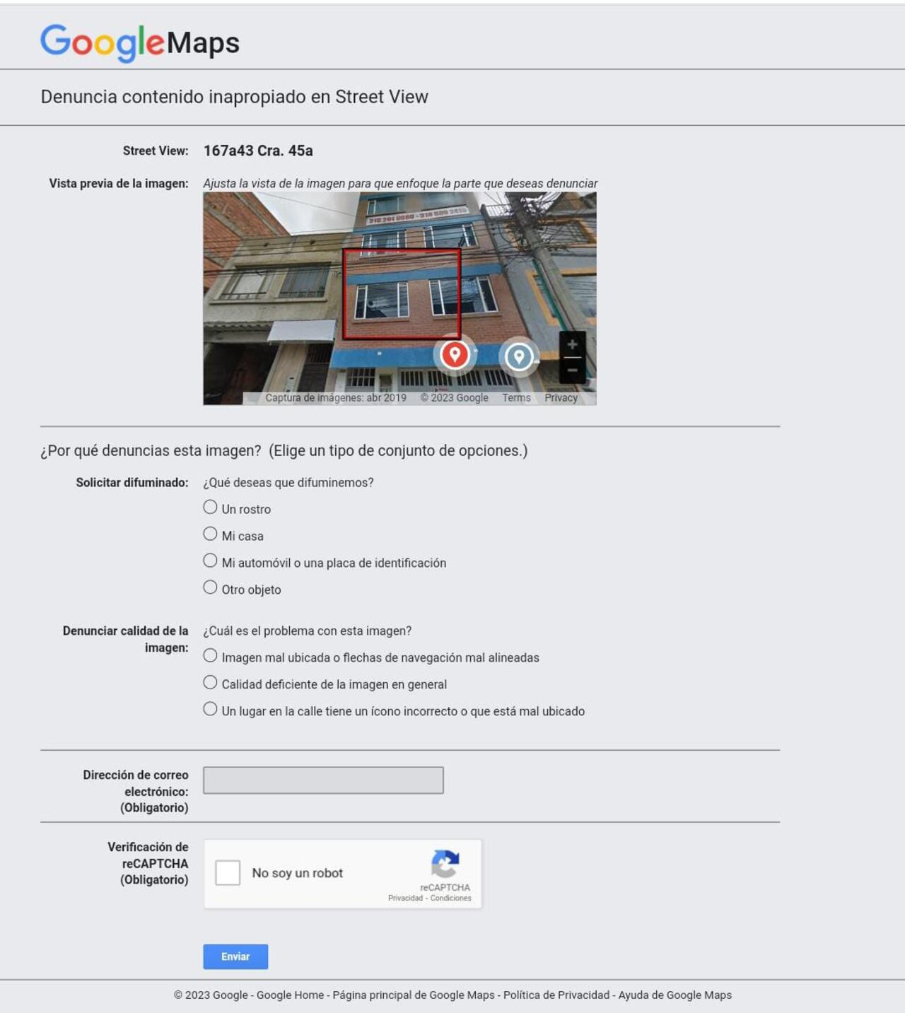 Google Maps le va a solicitar algunos datos para atender su solicitud.