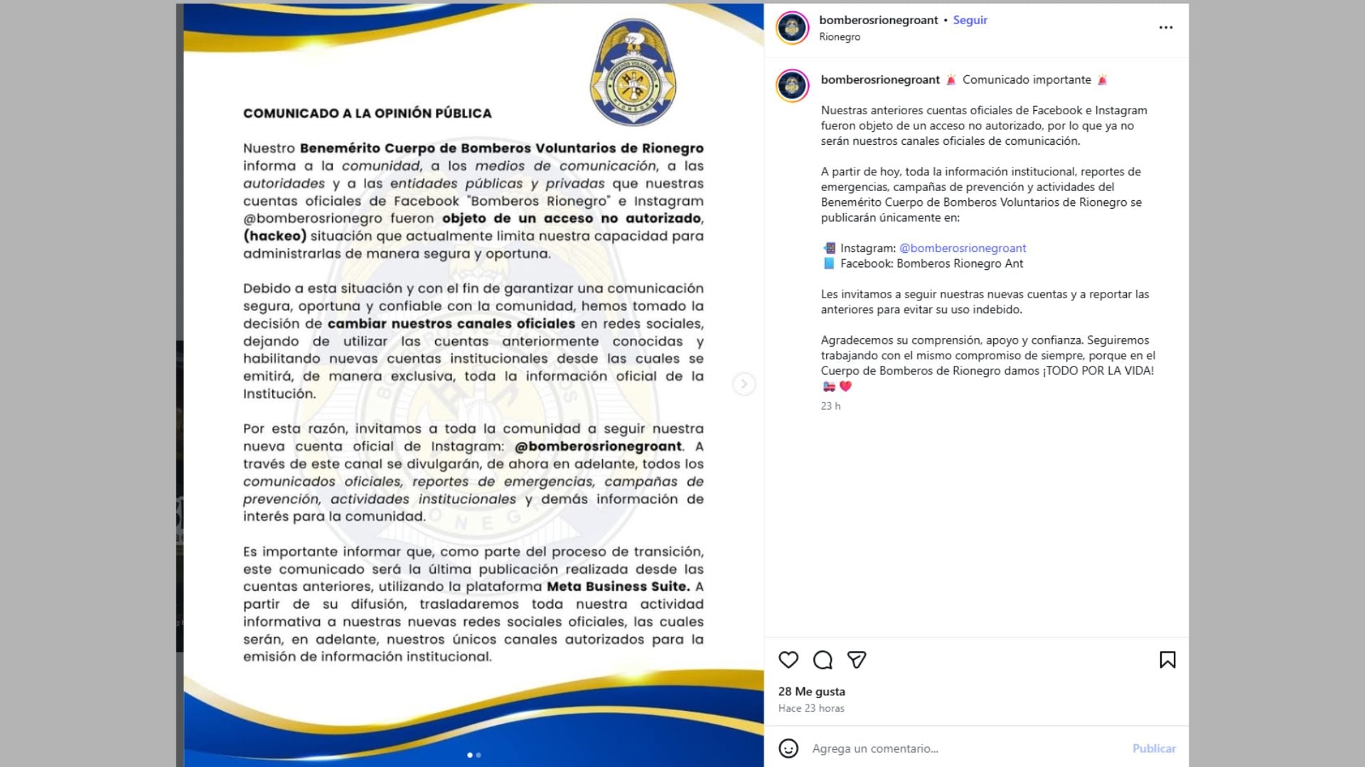Bomberos Rionegro informó que sus antiguas cuentas de Facebook e Instagram fueron vulneradas y anunció nuevos perfiles oficiales para sus comunicaciones.