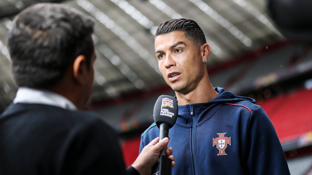 MUNICH, GERMANY - JUNE 07: Cristiano Ronaldo of Portugal speaks to the media prior to the Portugal Press Conference ahead of the UEFA Nations League 2025 Final between Portugal and Spain at Munich Football Arena on June 07, 2025 in Munich, Germany. (Photo by Maja Hitij - UEFA/UEFA via Getty Images)