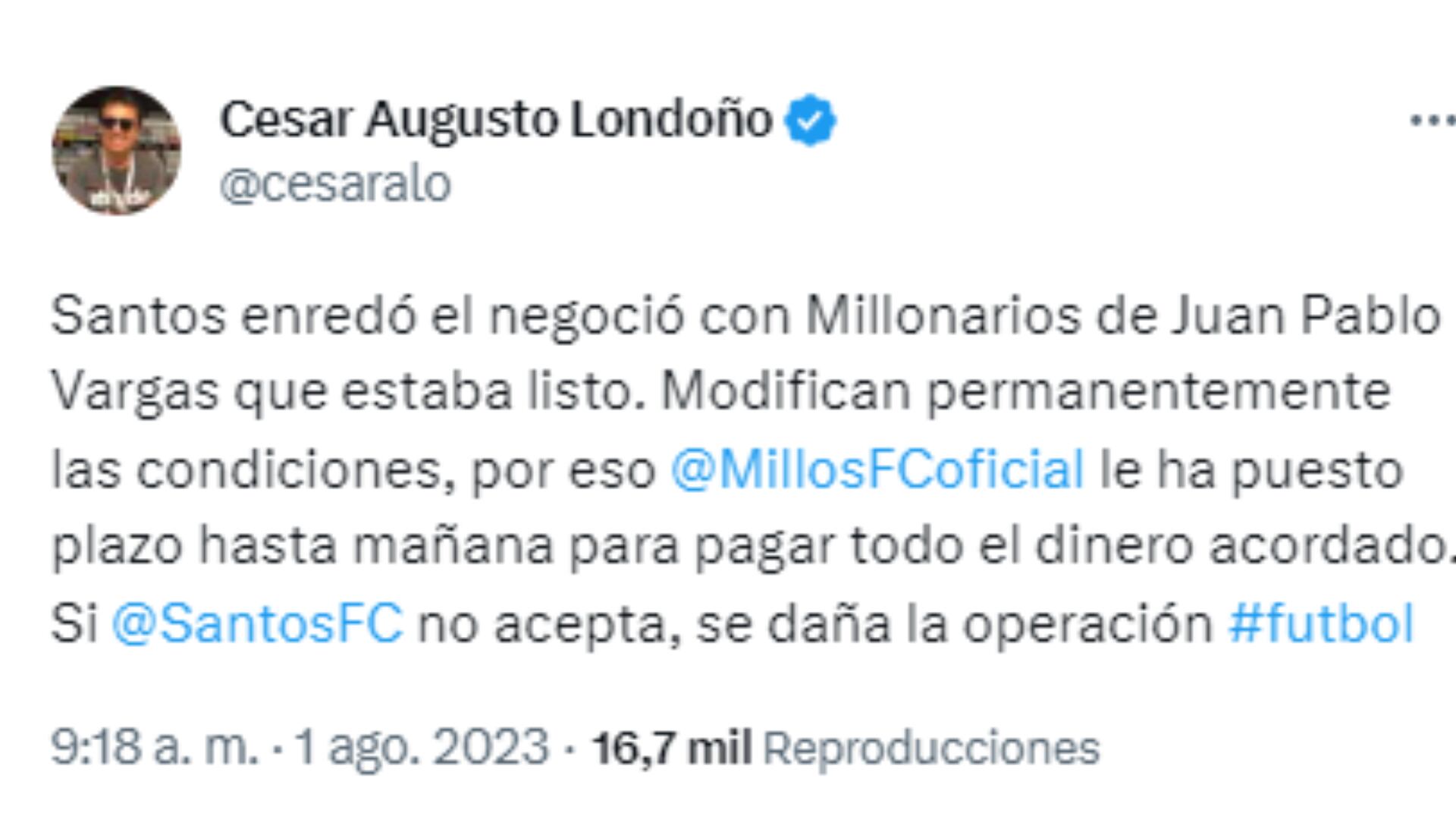 Tweet de César Augusto Londoño.