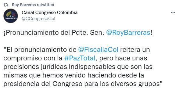 El presidente del Congreso, Roy Barreras, se pronunció.