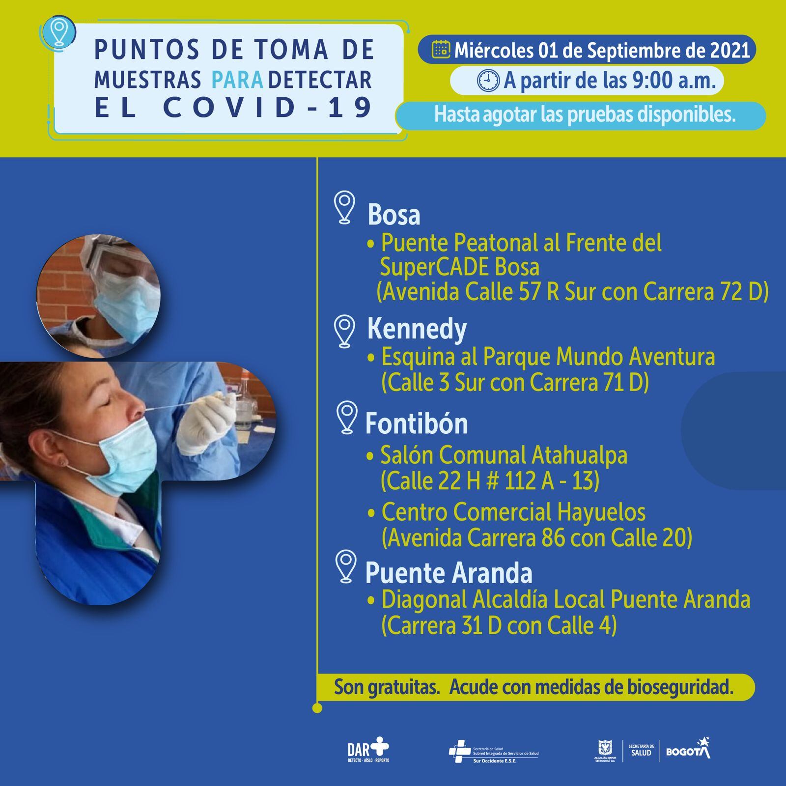 Pruebas gratis de covid 19 hoy 1 de septiembre en Bogotá: estos son los puntos de atención
