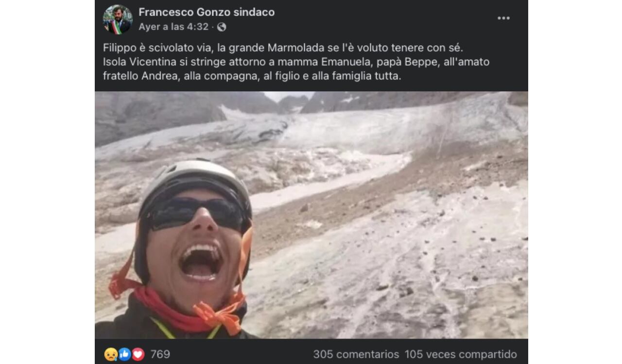 Así fue la última foto de Filippo Bari antes que el glaciar en Italia se desprendiera