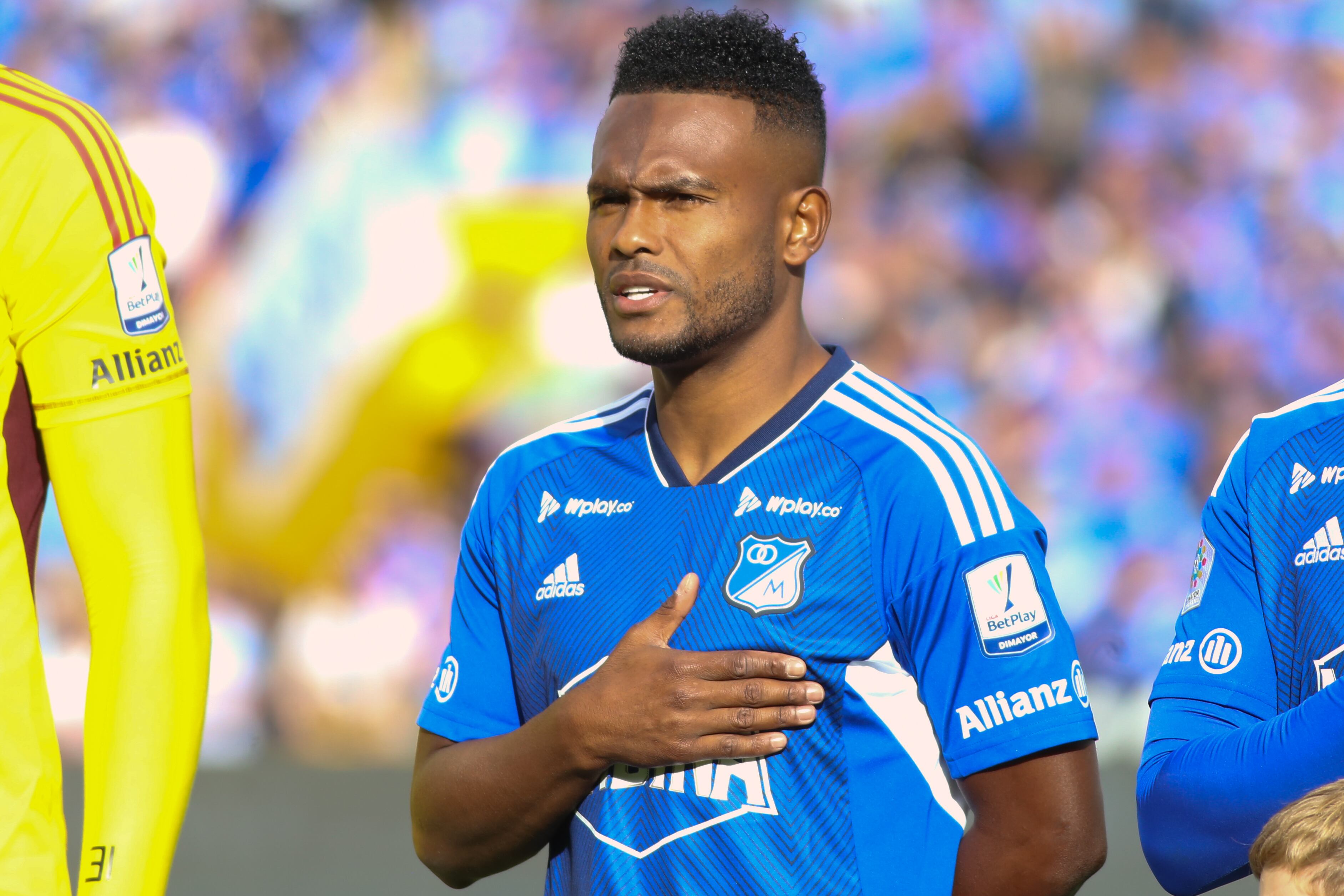 Elvis Perlaza of Millonarios F.C. is participating in the closing party of the 3rd quarter semi-finals group B between Millonarios F.C. and Deportivo Independiente Medellin for the BetPlay League DIMAYOR II 2023 at the Nemesio Camacho El Campin Stadium in Bogota, Colombia (Photo by Daniel Garzon Herazo/NurPhoto via Getty Images).