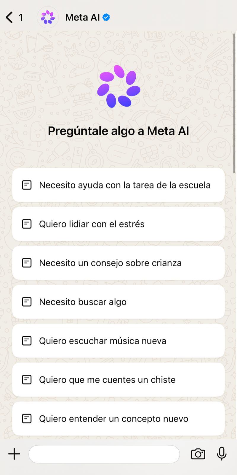 Así luce Meta AI, el asistente de inteligencia artificial de WhatsApp.