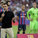 Barcelona's coach Xavi Hernandez addresses to the crowd prior of the Joan Gamper trophy soccer match between FC Barcelona and Pumas Unam at the Camp Nou Stadium in Barcelona, Spain, Sunday, Aug. 7, 2022. (AP Photo/Joan Monfort)