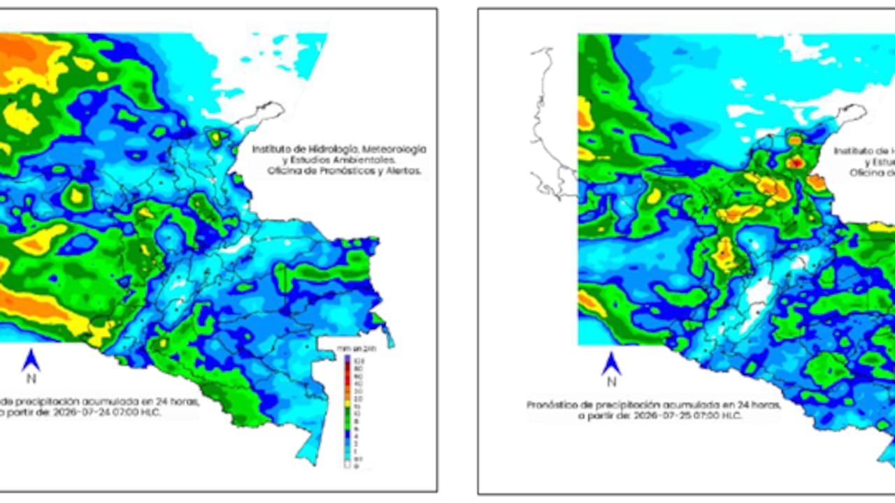 Mapa del clima en Colombia para el viernes 24 y sábado 25 de julio.