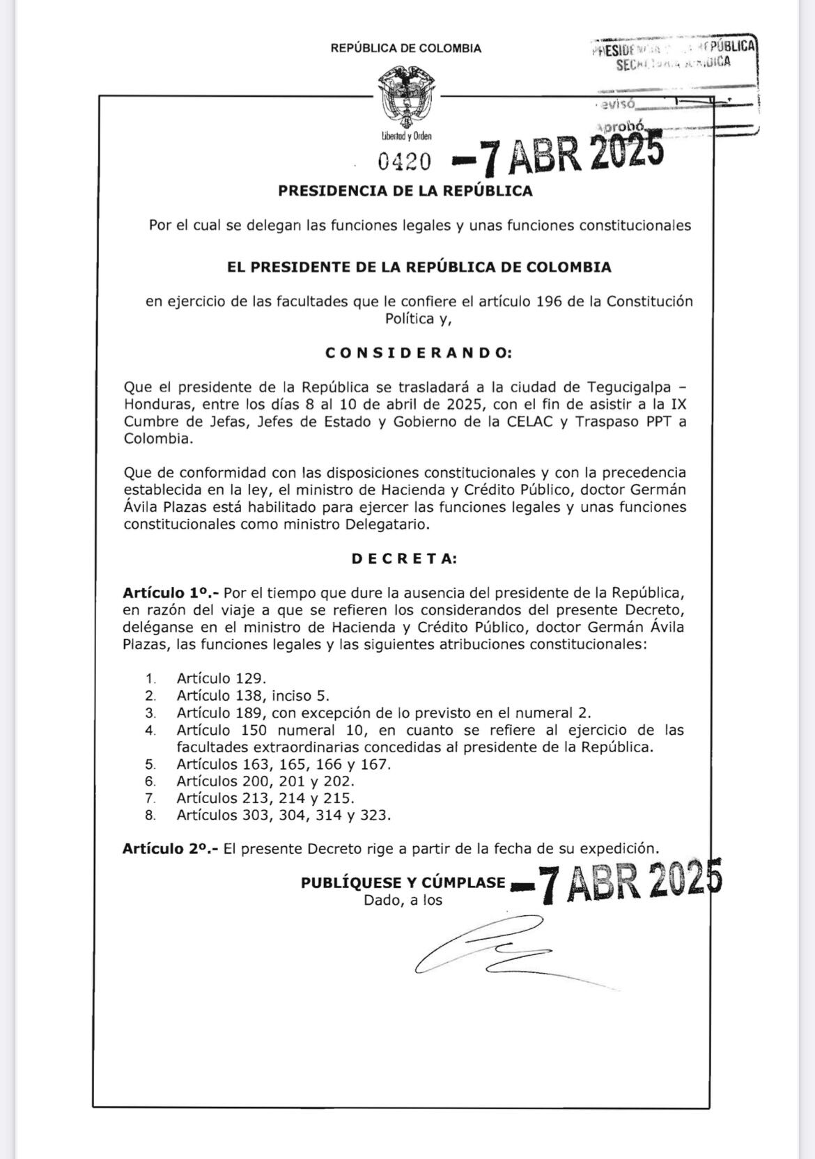 Decreto viaje presidente Gustavo Petro a Honduras