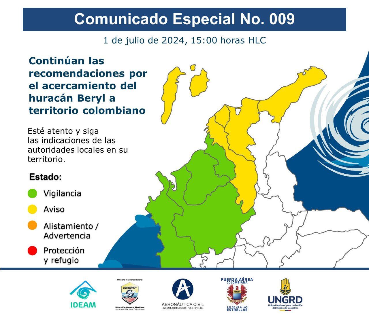 Alerta del Ideam sobre el avance del huracán Beryl, que se aproxima a la costa Caribe colombiana.