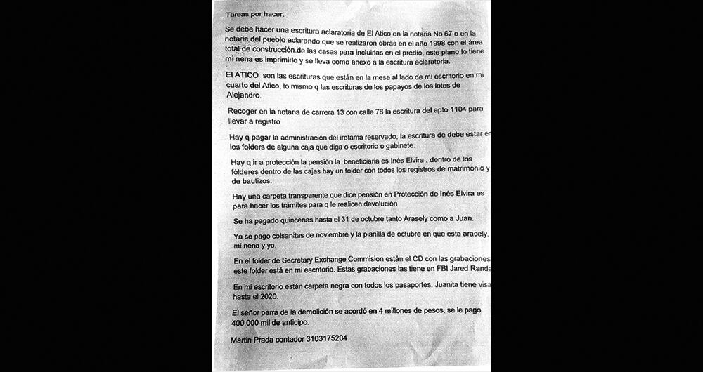 Pizano habría dejado 11 instrucciones en el documento encontrado en el piso de la habitación por la empleada doméstica a pocos días de la muerte.