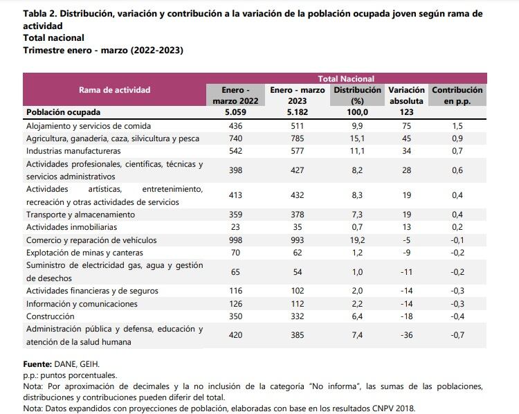 Actividades con mayor ocupación por jóvenes en el primer trimestre.