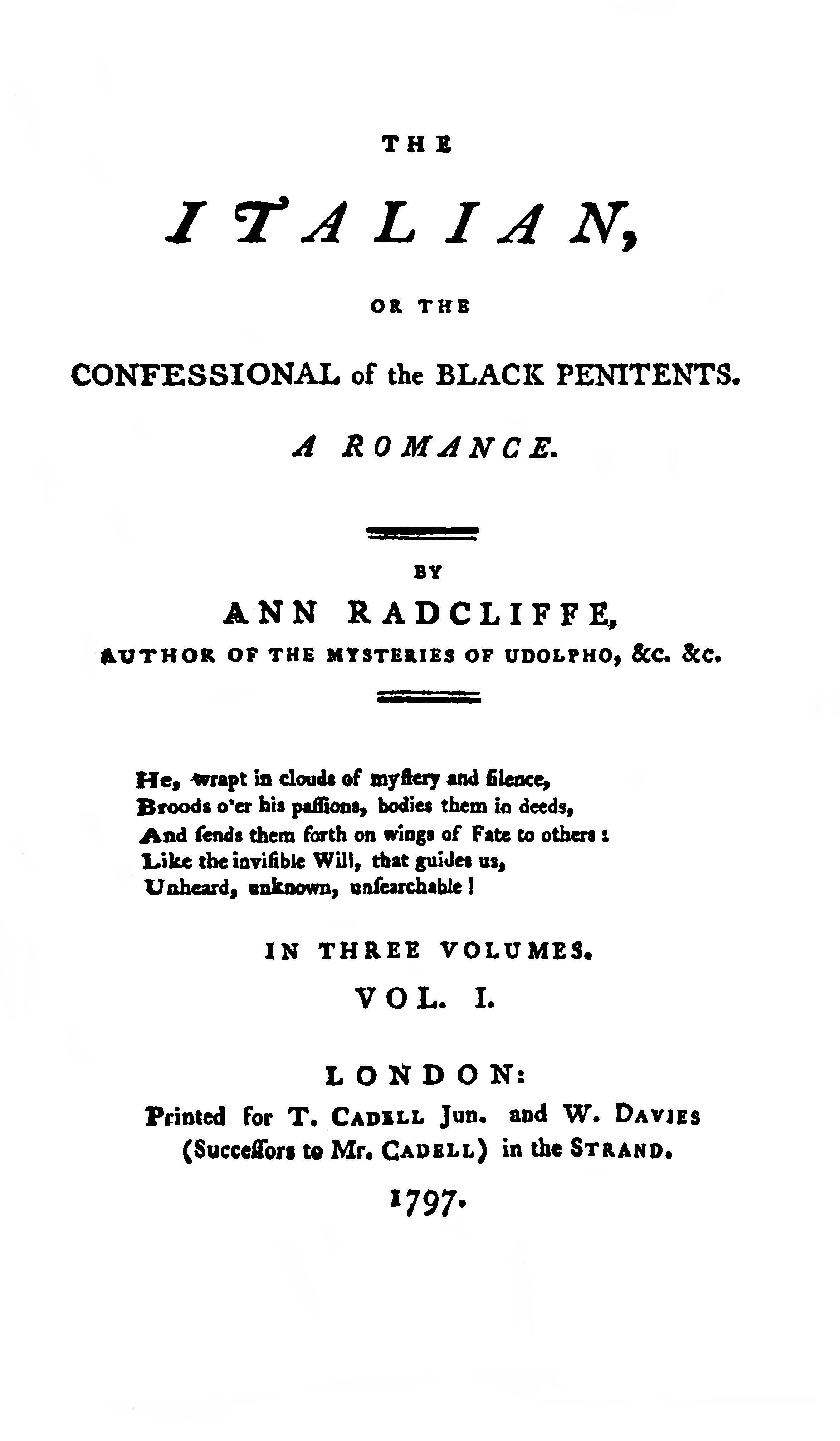 Portada de la primera edición de El italiano de Ann Radcliffe, publicada por T Cadell and W Davies, Londres, 1797. Wikimedia Commons