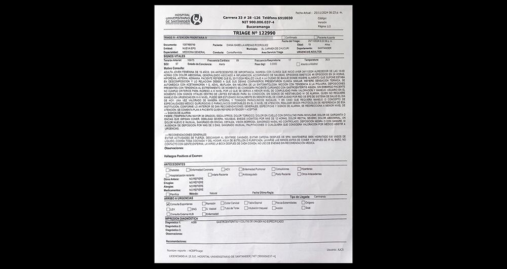  Dictamen médico que demuestra la intoxicación que sufrió la líder juvenil Diana Isabella Arenas. 