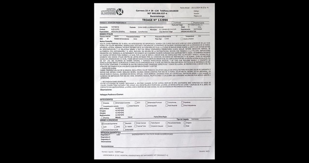 Dictamen médico que demuestra la intoxicación que sufrió la líder juvenil Diana Isabella Arenas.