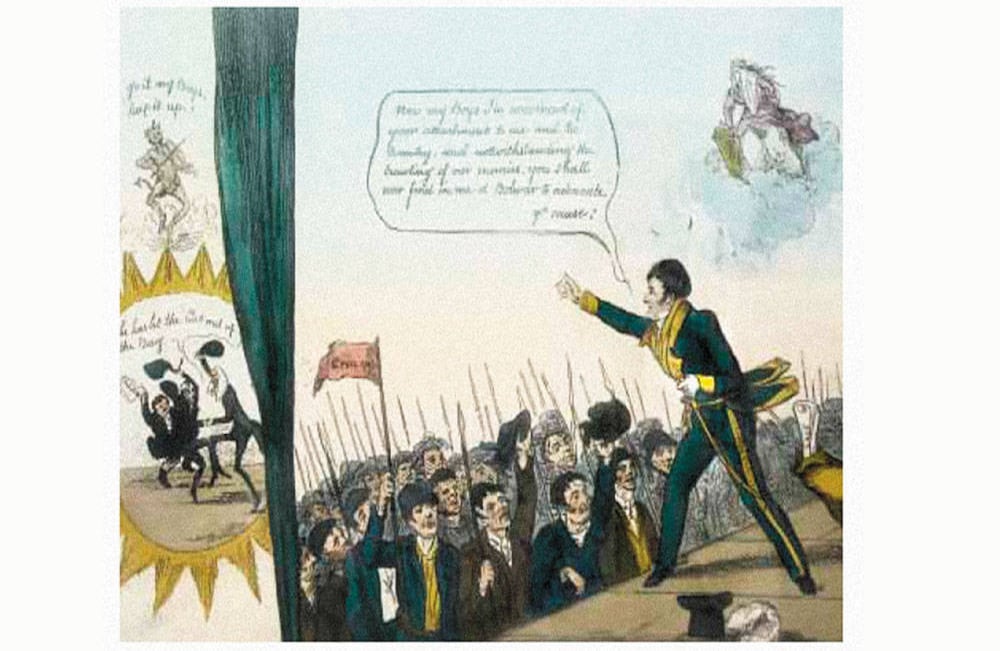 Bolívar arengando a las tropas: En Colombia, el retrato caricaturesco con intención política no aparece en la lucha contra los españoles, a excepción de los testimonios burlescos y literarios. No obstante, cuando se desencadenó la confrontación en fracciones por el poder en la primera república, se inició tímidamente la gráfica crítica. En una investigación reciente se encontró una caricatura del Libertador arengando a la tropa, conformada, al parecer, por legionarios británicos. Aunque el rostro no recuerda al de Bolívar y no se entiende mucho el contenido, puede atribuirse a los británicos Gillray o George Cruikshank. Anónimo británico, ca. 1820, grabado en metal, colección particular. 