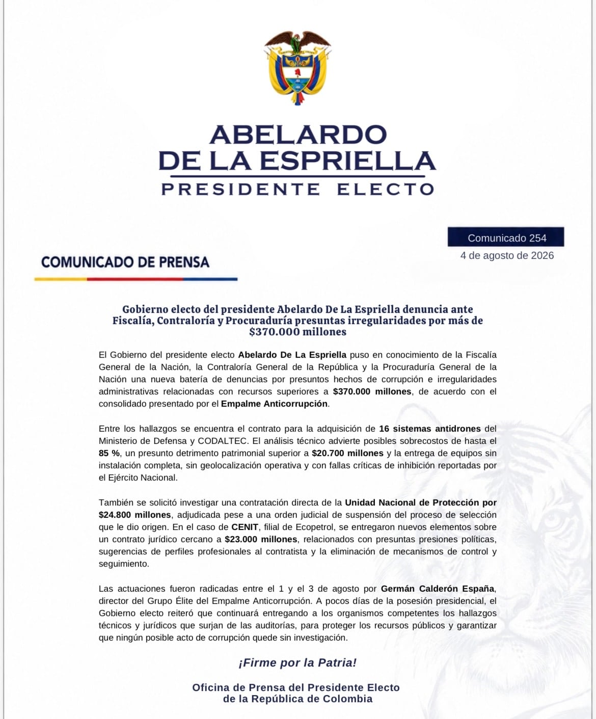 Comunicado prensa Abelardo De La Espriella.