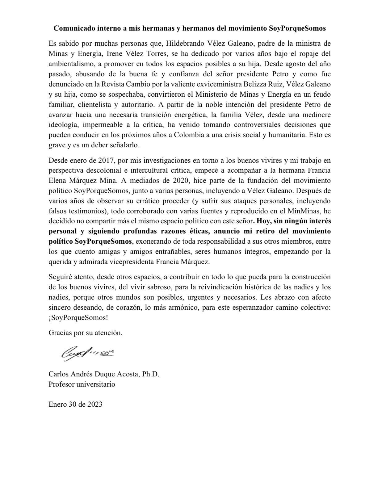 La carta de retiro de Soy Porque Somos de Carlos Andrés Duque Acosta.