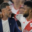 Miguel Borja y su técnico en River, Martín Demichelis
