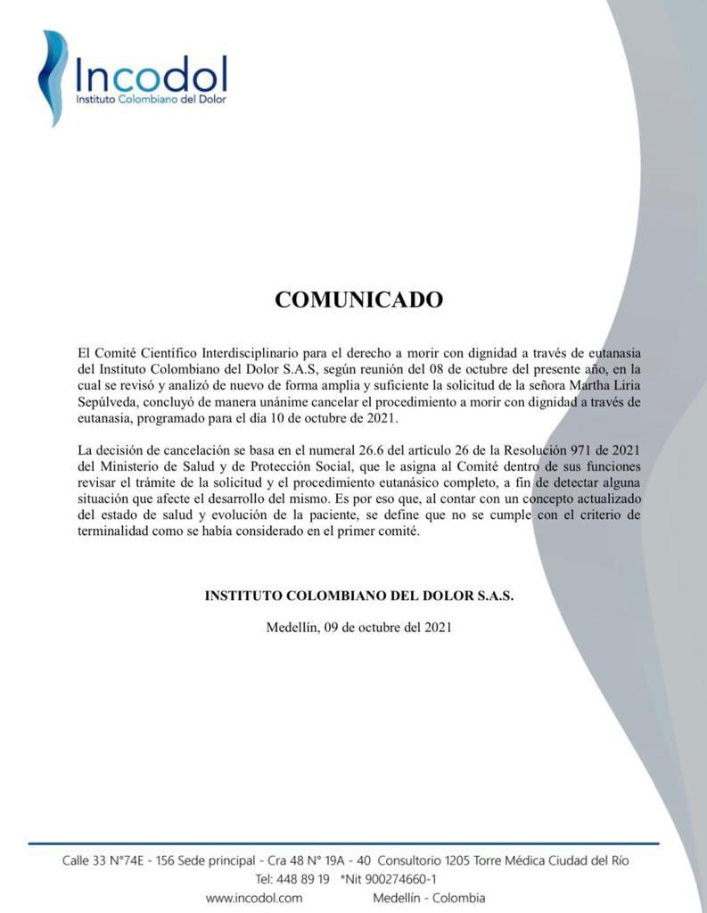 Comunicado IPS INCODOL sobre caso de Martha Sepúlveda.