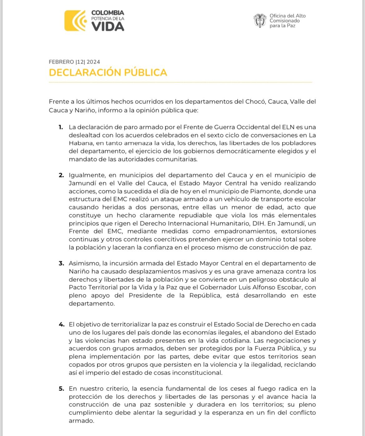 Comunicado comisionado de Paz Otty Patiño
