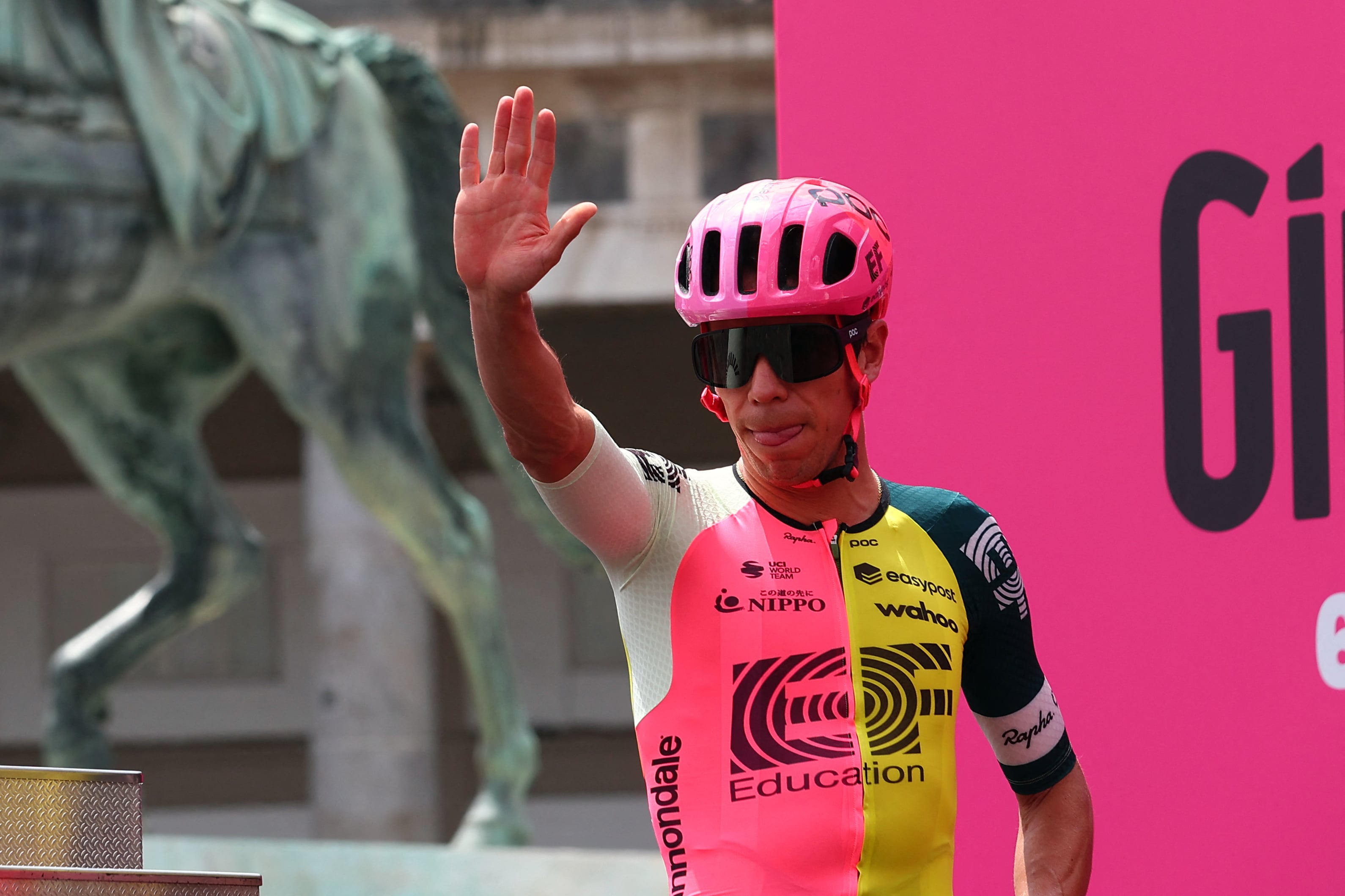 EF Education-EasyPost's Colombian rider Rigoberto Uran waves to supporters prior to the sixth stage of the Giro d'Italia 2023 cycling race, 162 km between Naples and Naples, on May 11, 2023. (Photo by Luca Bettini / AFP)