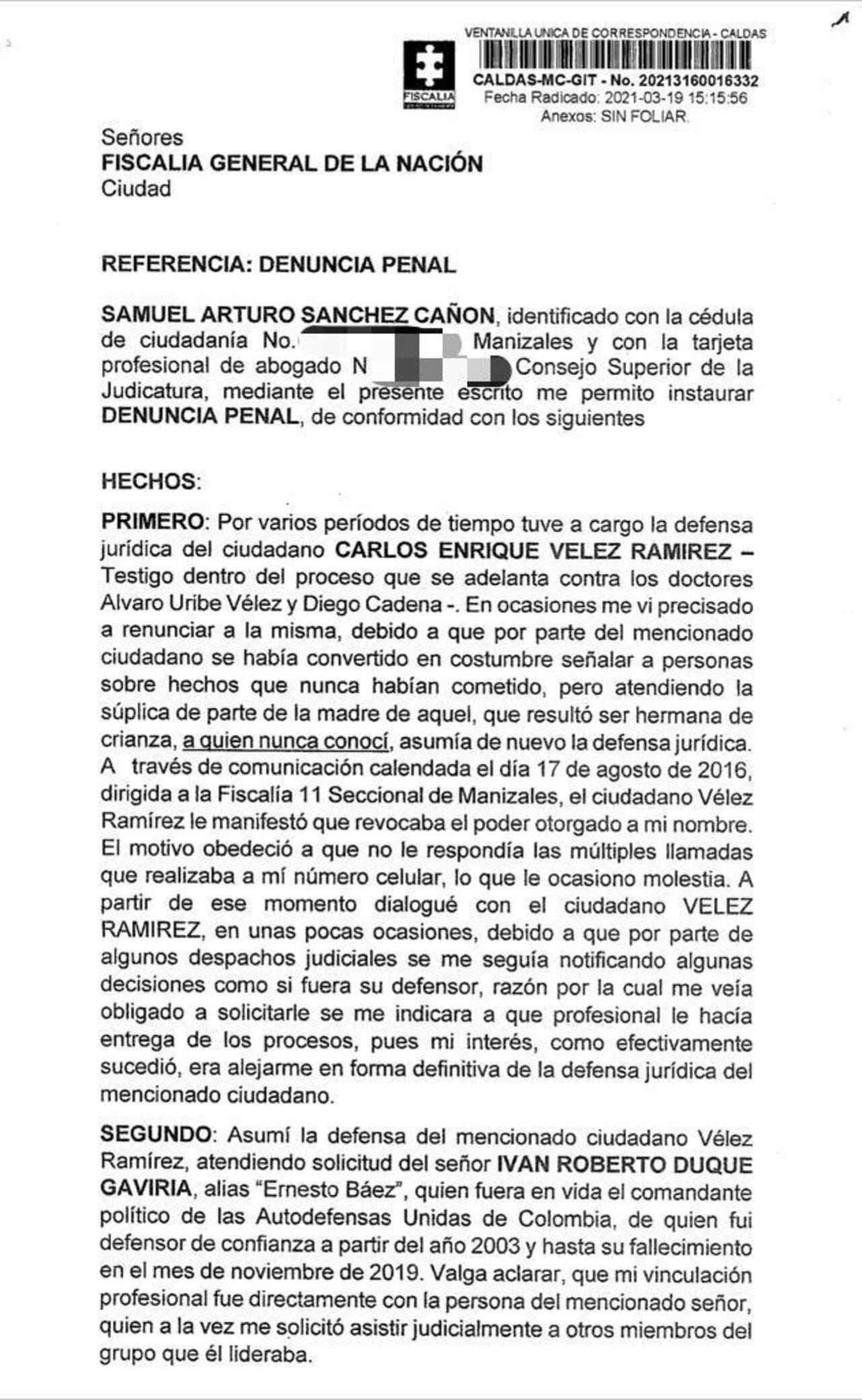 Denuncia contra Carlos Enrique Vélez, alias Víctor