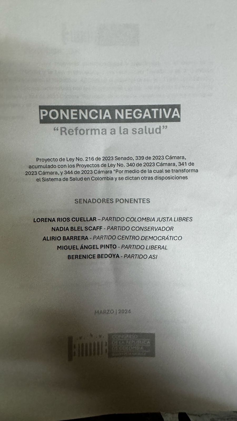 Ponencia negativa reforma salud.