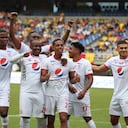 Jugadores del América celebran después del partido entre Deportivo Pereira y América de Cali por la fecha 20 de la Liga BetPlay DIMAYOR II 2021 jugado en el estadio Hernan Ramirez Villegas en Pereira. / Players of America celebrate after match between Deportivo Pereira and America de Cali for the for the date 20 as part of BetPlay DIMAYOR League II 2021 played at Hernan Ramirez Villegas stadium in Pereira city. Photo: VizzorImage / Pablo Bohorquez / Cont