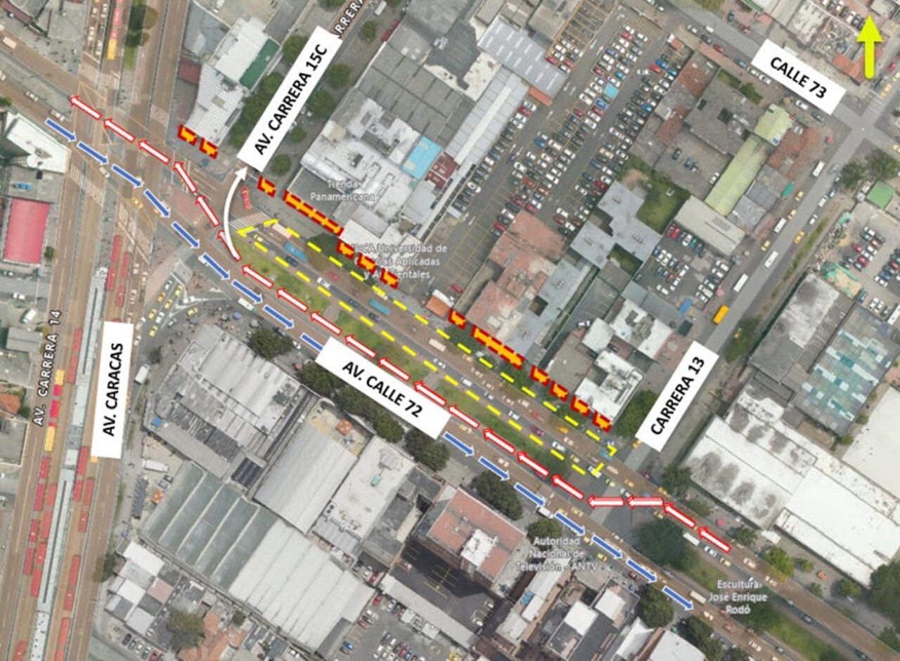 Mapa con alternativas de tránsito en el sector de la calle 72