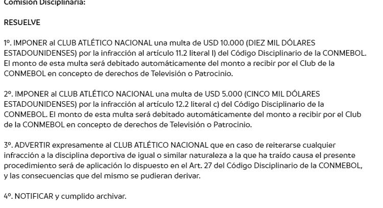 Multa y advertencia al Club Atlético Nacional