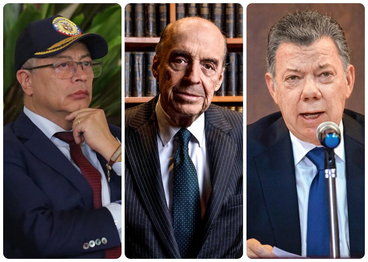 El presidente de Colombia, Gustavo Petro, el excanciller Álvaro Leyva y el expresidente Juan Manuel Santos.