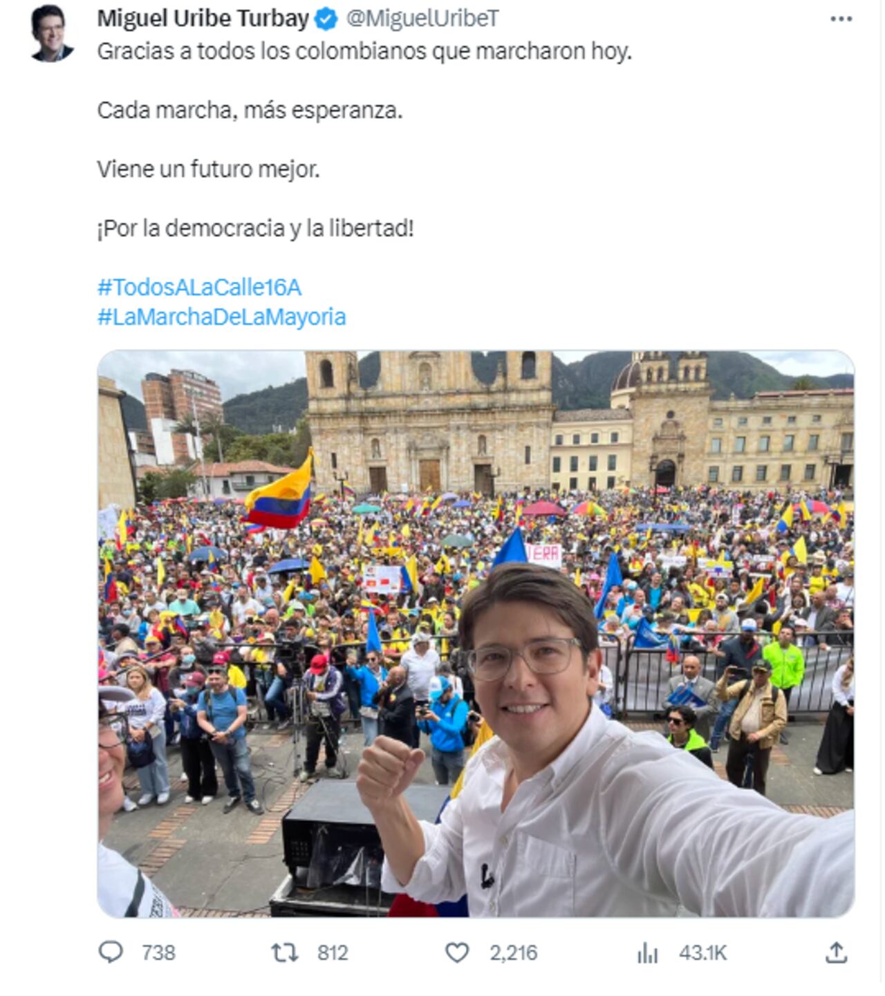 Trino de Miguel Uribe agradeciendo a los manifestantes.