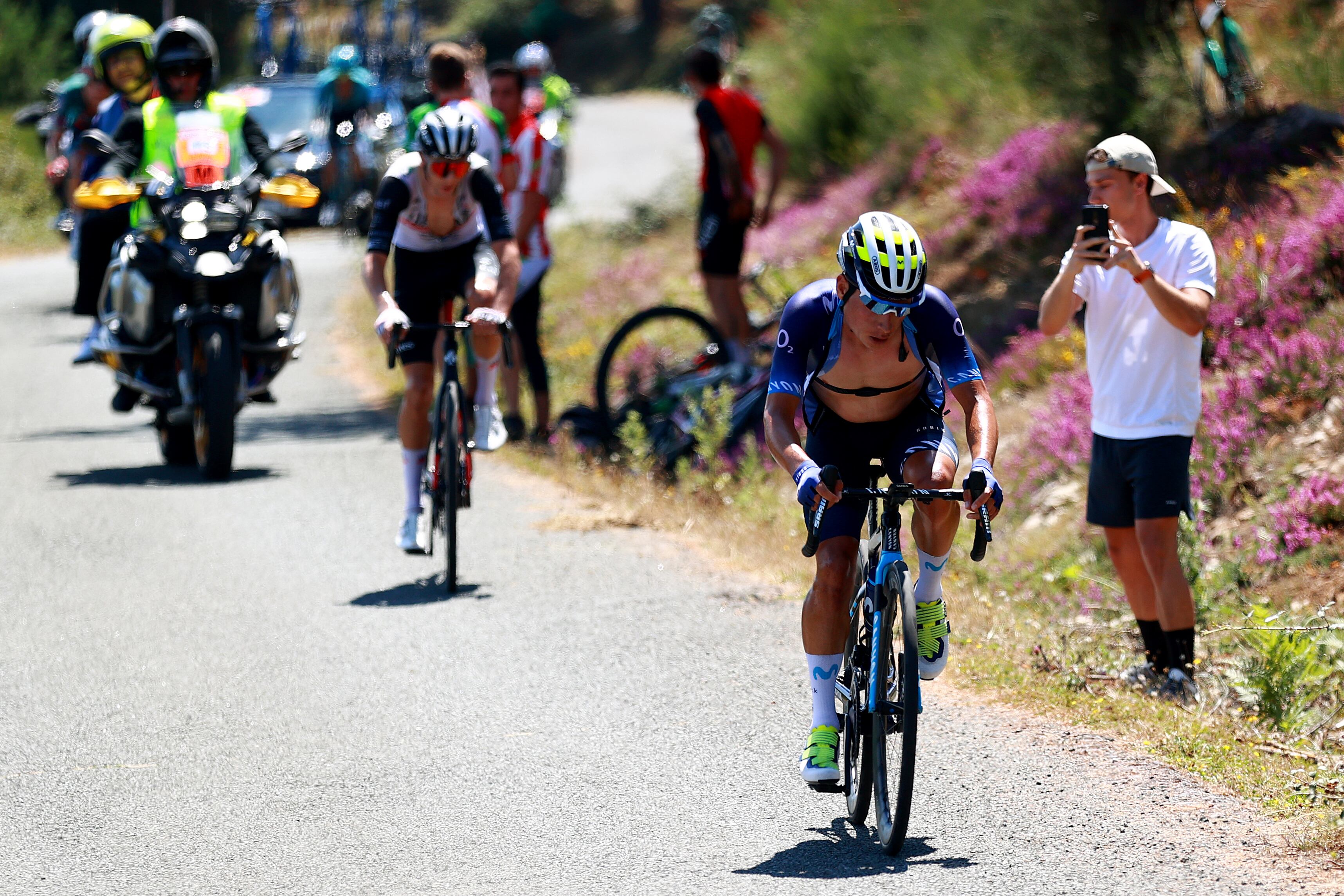 VILLARCAYO, SPAIN - AUGUST 17: Einer Augusto Rubio Reyes of Colombia and Movistar Team competes climbing to the Picón Blanco (1498m) during the 45th Vuelta a Burgos 2023, Stage 3 a 183km stage from Sargentes de la Lora to Villarcayo on August 17, 2023 in Villarcayo, Spain. (Photo by Gonzalo Arroyo Moreno/Getty Images)