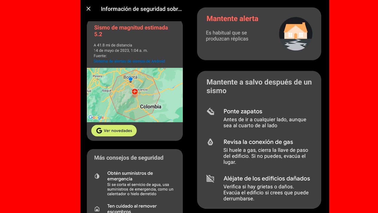 Alerta de sismo de Google para celulares Android.