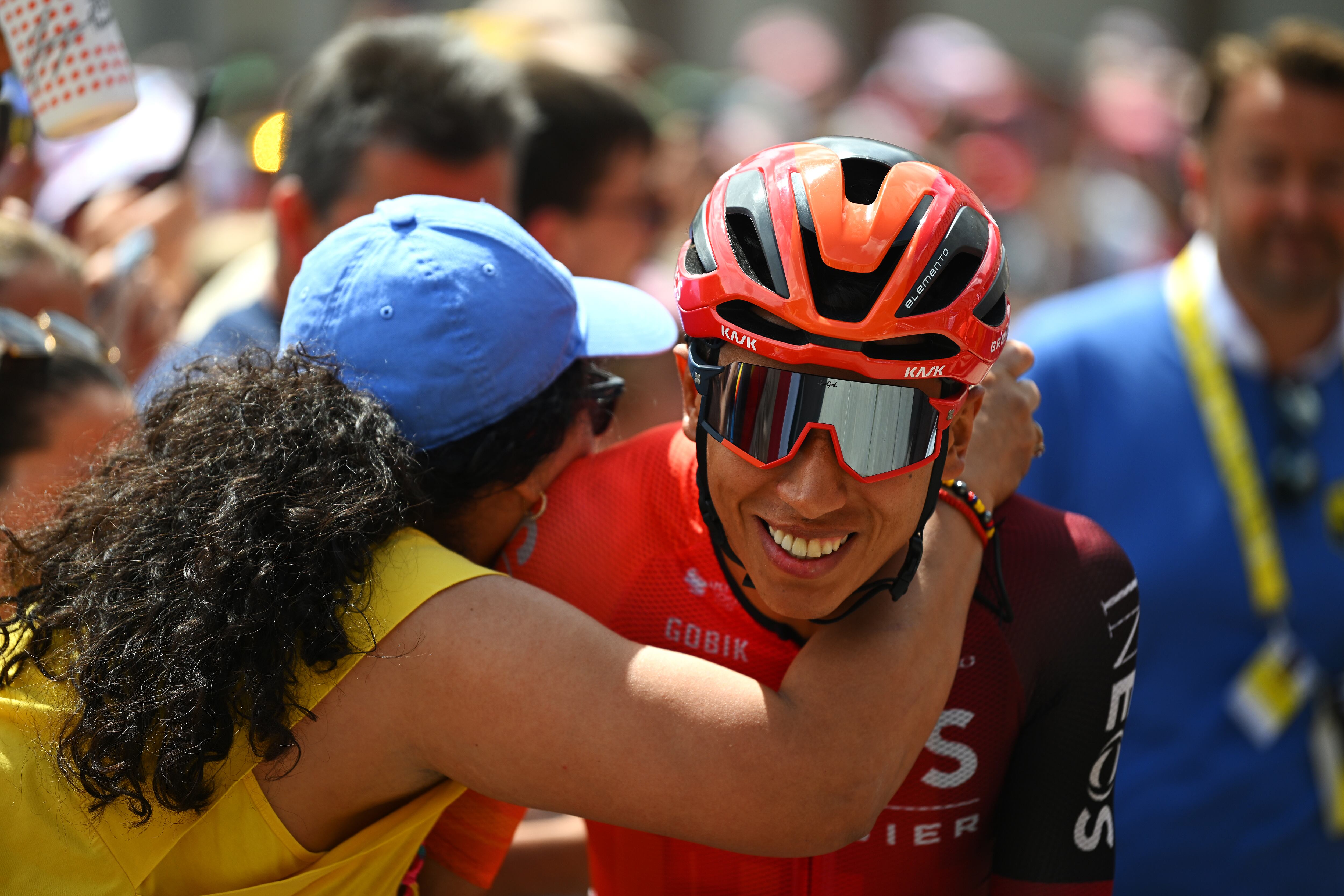 TROYES, FRANCE - JULY 07: Egan Bernal of Colombia and Team INEOS Grenadiers meets the fans at start prior to the 111th Tour de France 2024, Stage 9 a 199km stage from Troyes to Troyes / #UCIWT / on July 07, 2024 in Troyes, France. (Photo by Dario Belingheri/Getty Images)