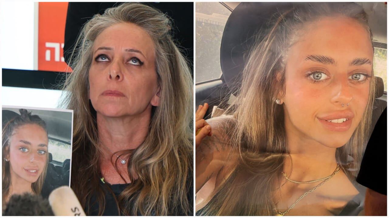 Keren Shem, la madre de la mujer franco-israelí Mia Shem, rehén de militantes de Hamas en Gaza, sostiene una fotografía de su hija mientras habla con la prensa en Tel Aviv el 17 de octubre de 2023.