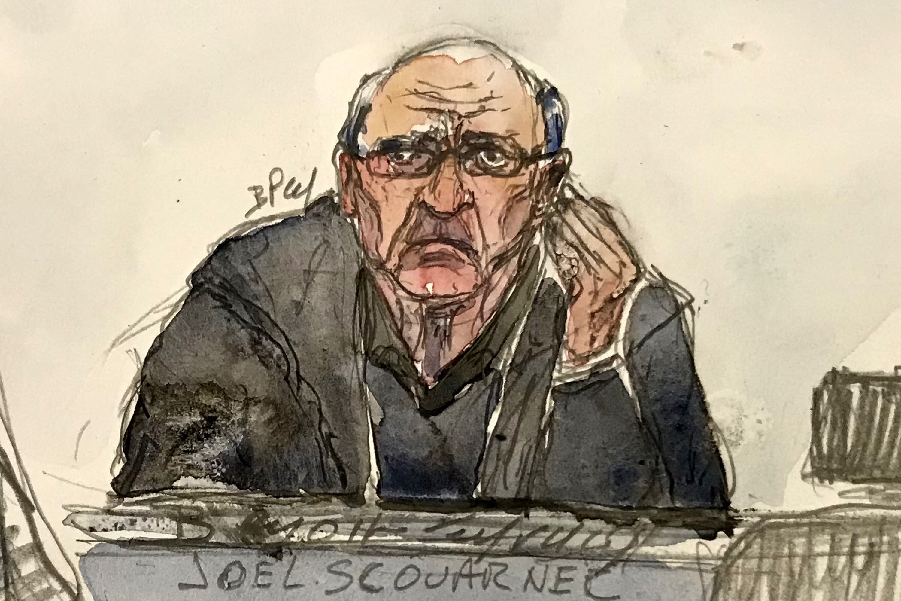 This court sketch created on February 24, 2025 shows retired surgeon Joel Le Scouarnec (C) next to his lawyer Maxime Tessier (L) during a hearing on the opening day of his trial on charges of assaulting or raping 299 patients at the Criminal Court in Vannes. Scouarnec, 74, faces a new four-month trial, charged with raping or sexually assaulting patients, most of them children and some of them unconscious at the time. He is already in jail after being found guilty in 2020 of abusing four children, including two of his nieces. (Photo by Benoit PEYRUCQ / AFP)