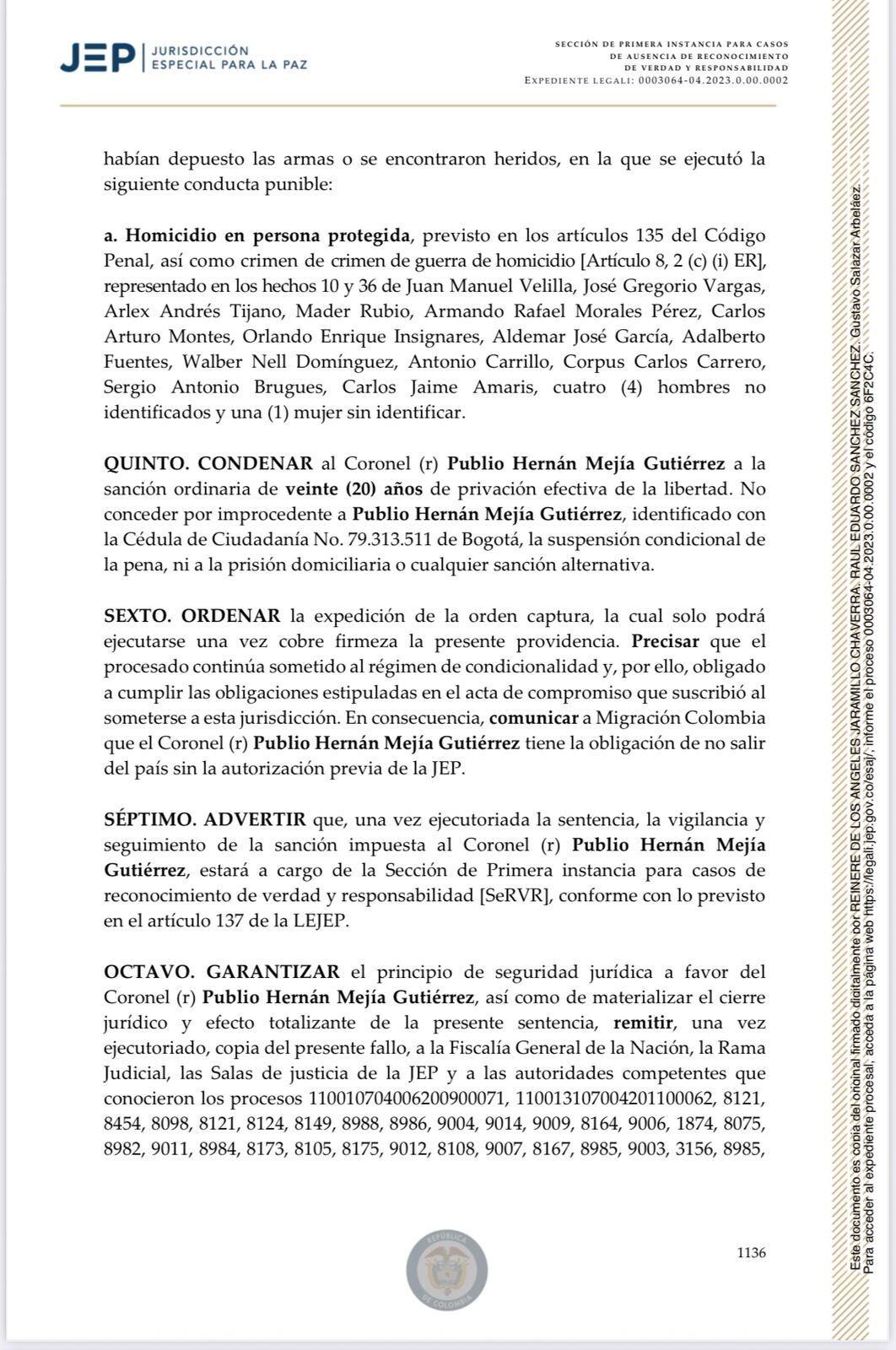 La JEP impuso una condena de 20 años de prisión al coronel (r) Hernán Mejía.