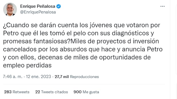 Trino de Enrique Peñalosa dirigido a los jóvenes que votaron por el presidente Gustavo Petro.