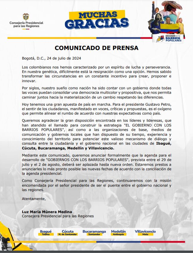 Comunicado Consejería Presidencial para las Regiones