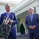 House Speaker Kevin McCarthy of Calif., left, standing next to Senate Minority Leader Mitch McConnell of Ky., right, speaks to reporters outside of the West Wing of the White House in Washington, Tuesday, May 9, 2023, following a meeting with President Joe Biden on the debt limit. (AP Photo/Susan Walsh)