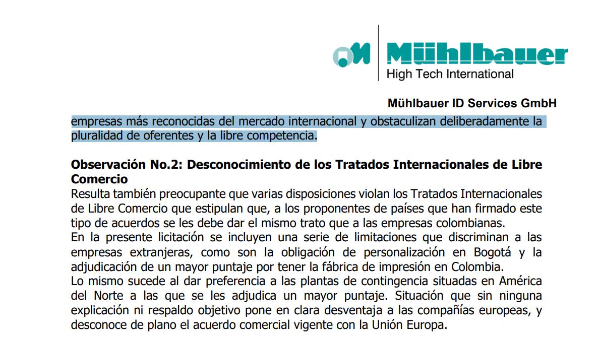 Mühlbauer ID Services GmbH envió una carta a la Cancillería, donde expone las observaciones a la licitación del contrato de los pasaportes.