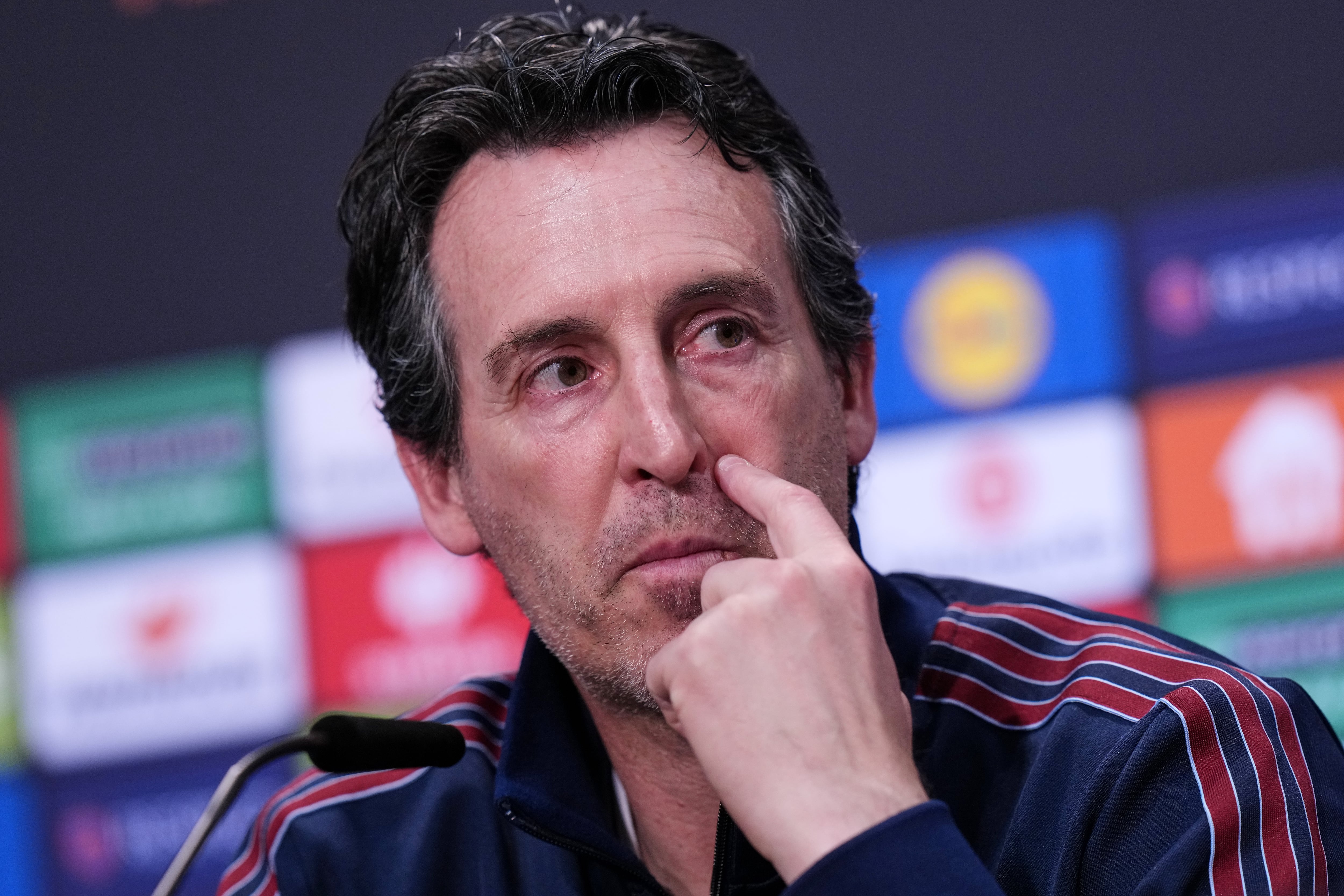 Aston Villa's head coach Unai Emery gestures during a press conference ahead of the Europa League final soccer match between Freiburg and Aston Villa in Istanbul, Turkey, Tuesday, May 19, 2026. (AP Photo/Francisco Seco, Pool)