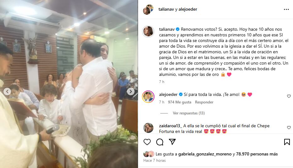 Taliana Vargas le dedicó un emotivo mensaje a su esposo, Alejandro Eder.