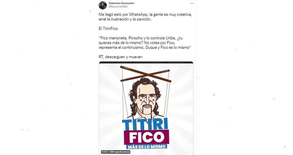 Sebastián Guanumen compartió una marioneta sobre Federico Gutiérrez, la que llamó el "Titirifico". Luego del escándalo de los 'petrovideos' lo borró.