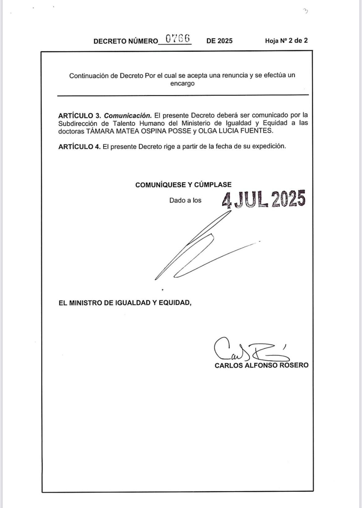 Decreto aceptación de renuncia de la viceministra de la Mujer